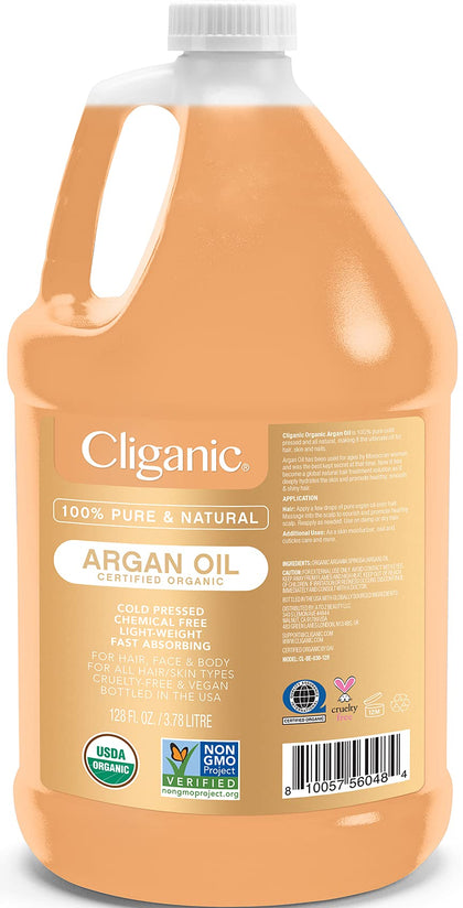 Cliganic Organic Argan Oil Bulk, Gallon Size 128oz, 100% Pure, Non-GMO