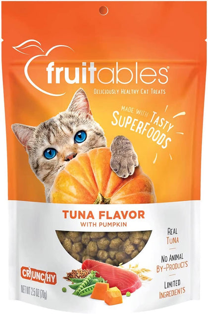Fruitables Crunchy Treats For Cats - Healthy Low Calorie Treats Packed with Protein - Free of Wheat, Corn and Soy - Made with Real Tuna with Pumpkin - 2.5 Ounces