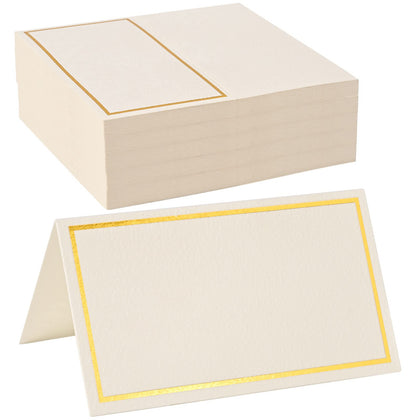 KraftiSky 100 Pack Place Cards for Table Setting with Gold Foil Border Table Tent Cards for Seating Perfect for Weddings, Dinner Parties, Banquets 2 x 3.5