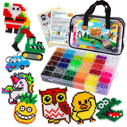 10,500pcs Fuse Beads Craft Kit - Perler Beads Compatible Kit, 34 Colors, 6 Pegboards, 34+ Patterns, Tweezers, Plus Tools, Keychains, Accessories & More with Free Carrying Case by CraftyCreations
