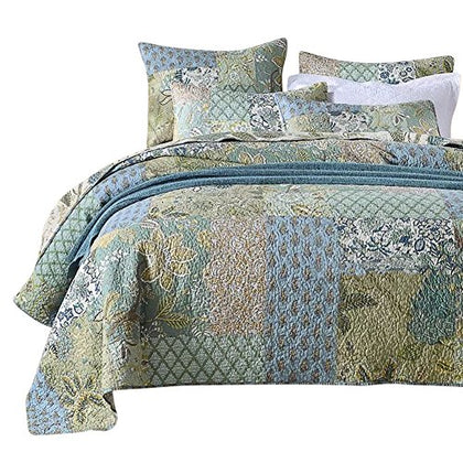 NEWLAKE Bohemian Floral Pattern Bedspread Quilt Set with Real Stitched Embroidery,Queen Size