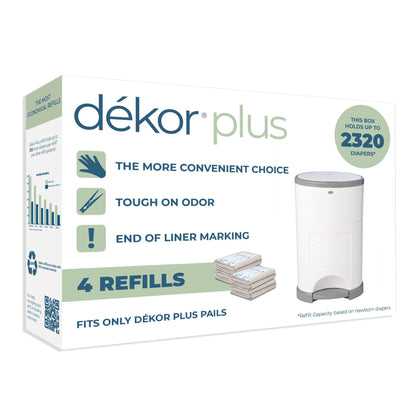 DEKOR Plus Diaper Pail Refills | 4 Count | Most Economical Refill System | Quick & Easy to Replace | No Preset Bag Size - Use Only What You Need | Exclusive End-of-Liner Marking | Baby Powder Scent