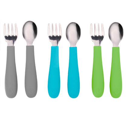 WeeSprout Toddler Utensils, 3 Forks & 3 Spoons, 18/8 Stainless Steel & Food Grade Silicone, Thick Easy-Grip Handles, Perfect Length For New Self Feeders, Gentle On Gums & Teeth, Dishwasher Safe
