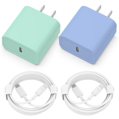 Phone Charger [MFi Certified] 2 Pack 20W PD USB C Wall Fast Charger Adapter with 2 Pack 6FT Type C to Ligh.tning Cable Compatible for Phone 14 13 12 11 Pro Max XR XS X,i.Pad (Green+Blue)