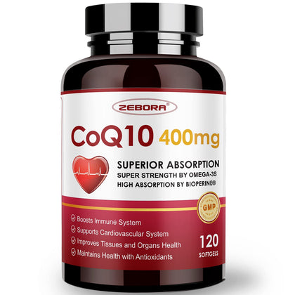 CoQ10-400mg-Softgels with PQQ, BioPerine & Omega-3, Coenzyme Q10(Ubiquinone) Supplement for High-Absorption, Powerful-Antioxidant, Support Heart & Energy-Production, 120 Servings