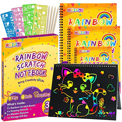pigipigi Gifts for 3-12 Year Old Girls Boys - 3 Pack Rainbow Scratch Off Notebooks Arts Crafts Supplies Set Color Drawing Paper Kit for Kids Birthday Game Party Favor Christmas Easter Activity Toy