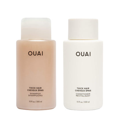 OUAI Thick Shampoo + Conditioner Set - Fight Frizz and Nourish Dry, Thick Hair with Keratin, Marshmallow Root, Shea Butter & Avocado Oil - Free of Parabens, Sulfates & Phthalates - 10 fl oz Each