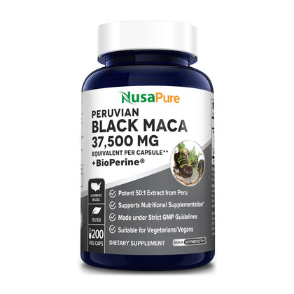 NusaPure Black Maca Root 37,500mg per caps (50:1 Extract) 200 Veggie Capsules (Vegan, Non-GMO, Gluten-Free)