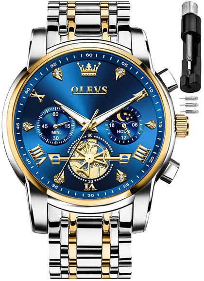 OLEVS Blue Watch for Men Moon Phase Business Dress Analog Quartz Stainless Steel Waterproof Luminous Date Two Tone Luxury Casual Wrist Watch