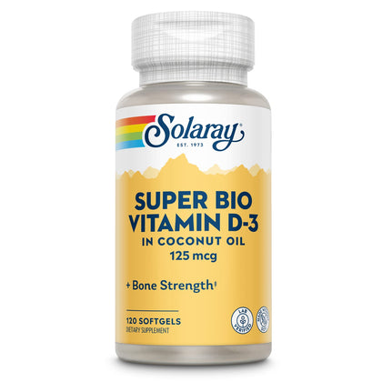 SOLARAY Super Bio Vitamin D3 in Coconut Oil - D3 Vitamin 5000 IU - Bone Health and Immune Support Supplement - Lab Verified, Made Wtihout Soy, 60-Day Guarantee - 120 Softgels, 120 Servings