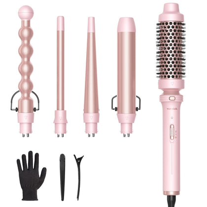 Wavytalk 5 in 1 Curling Iron,Curling Wand Set with Curling Brush and 4 Interchangeable Ceramic Curling Wand(0.5-1.25),Instant Heat Up,Include Heat Protective Glove & 2 Clips (Pink)
