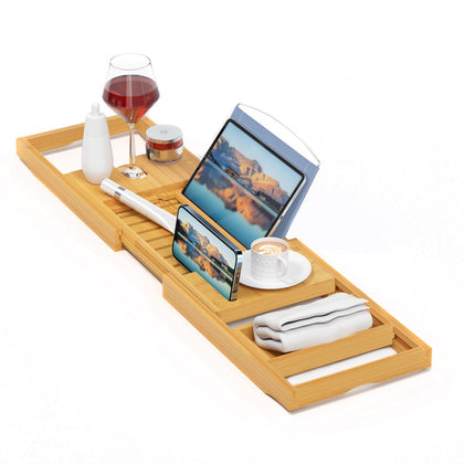 Sen Yi Bao Luxury Bathtub Caddy Tray?Bamboo Bathtub Tray Caddy - Wood Bath Tray Expandable?Can be Placed Book and Integrated Tablet Smartphone and Wine Holder - Gift Idea for Loved Ones