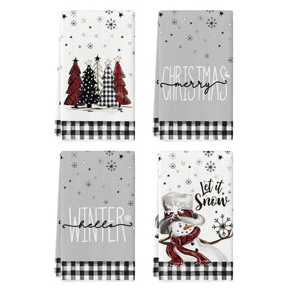 Artoid Mode Black White Buffalo Plaid Snowman Xmas Trees Christmas Kitchen Towels Dish Towels, 18x26 Inch Daily Seasonal Winter Decoration Hand Towels Set of 4