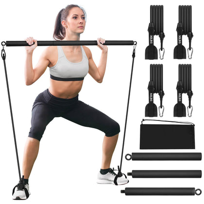 Pilates Bar Kit with 4 Resistance Bands, Portable Pilates Bar for Home Gym Workout, Adjustable 3-Section Pilates Stick Bar for Women and Men Full Body Shaping (Black)