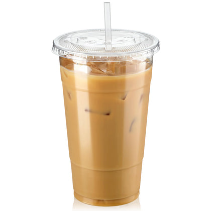 [100 Pack] 24 oz Clear Plastic Cups with Flat Lids, Disposable Iced Coffee Cups, BPA Free Premium Crystal Smoothie Cup for Party, Lemonade Stand, Cold Drinks, Juice, Milkshake, Bubble Boba, Tea