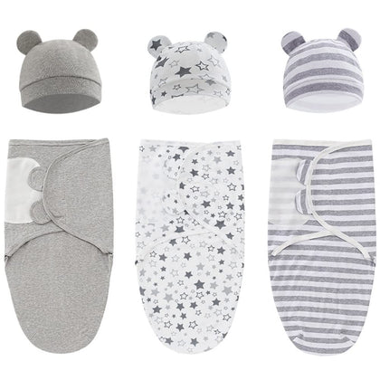 Exemaba Baby Swaddle Sleep Sack with Hat Set for 0-3 months 3-Pack Soft Cotton Newborn Wearable Swaddle Wrap for Girls Boys(Grey & Star & Stripe)
