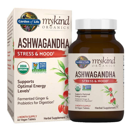 Garden of Life Organics Ashwagandha Stress, Mood & Energy Support Supplement with Probiotics & Ginger Root for Digestion - Vegan, Gluten Free, Non GMO - 2 Month Supply, 60 Tablets