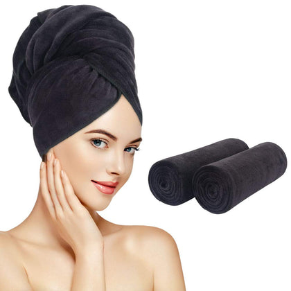 SUNLAND Microfiber Hair Drying Towel 2 Pack Super Absorbent Quick Dry Magic Hair Turban for Drying Long Hair Soft and Large 20 inch X 40 inch Black