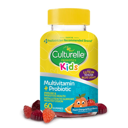 Culturelle Kids Probiotic Gummies for Ages 2+ - Peach-Orange & Mixed Berry Flavors - Digestive & Immune Support with Lutein for Eye Health, 60 Count