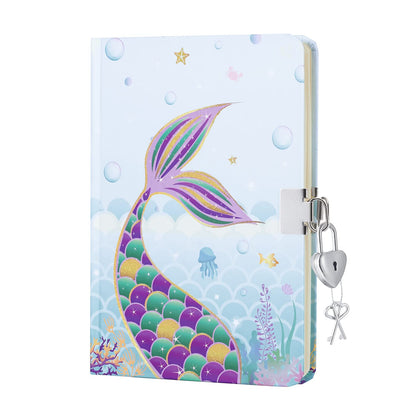 WERNNSAI Mermaid Journal for Girls - Glitter Notebook Gift for Kids Blue School Travel Private Diary Hardcover A5 Lined Memos Writing Drawing Notepad with Lock and Keys