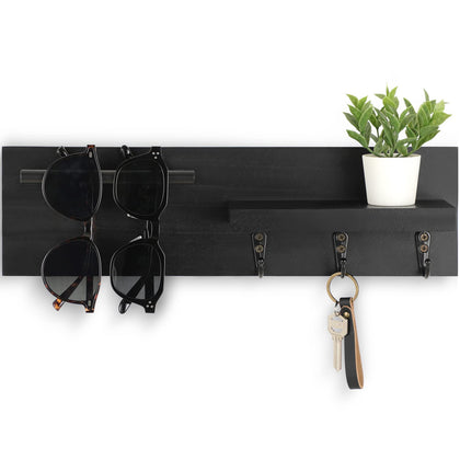 Lucundm Key Holder for Wall, Decorative Entryway Shelf with Hooks Holds Keys, Dog Leash, Sunglasses - Key Hanger with 3 Hooks Organizes, Enhances Home Decor (15 x 4.5 x 2.6) (Black)