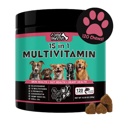 Chews Pawsitive Dog Multivitamins Chewable- 15 in 1 Dog Vitamins Multivitamin for Heart Health - Omega 3 Oil for Skin & Coat, Chondroitin and Glucosamine for Dogs Joint & Mobility, Probiotics - 120ct
