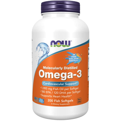 NOW Supplements, Omega-3 180 EPA / 120 DHA, Molecularly Distilled, Cardiovascular Support*, 200-Fish Gelatin Softgels,Packaging may vary