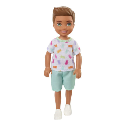 Barbie Chelsea Doll, Small Boy Doll with Brown Hair & Blue Eyes Wearing Gummy Bear T-shirt, Shorts & Shoes