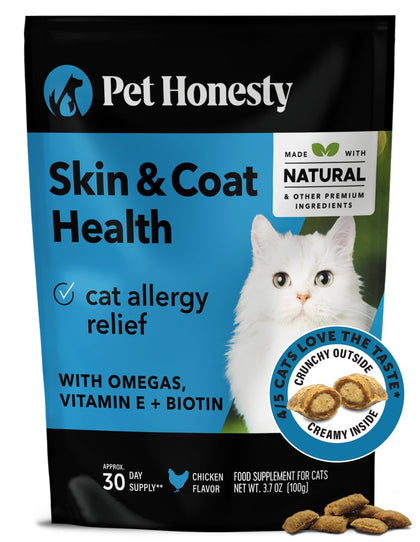 Pet Honesty Cat Skin & Coat Health Chews - Omegas, Vitamin C + E, Biotin Supplement, Soothes Skin and Promotes Shiny Coat, Cat Supplements & Vitamins - Chicken (30-Day Supply)