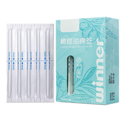 Olive Oil Makeup Remove Cotton Swabs - 50 Pcs Individually Wrapped Content 0.2ml/Pcs - for Dry Skin, Ear Canal Cleaning, Makeup - Degradable Material