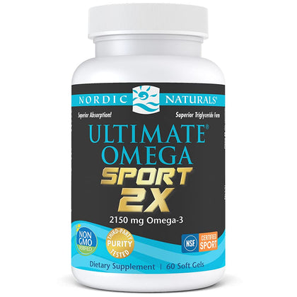 Nordic Naturals Ultimate Omega Sport 2X, Lemon Flavor - 60 Soft Gels - 2150 mg Omega-3 - NSF Certified Fish Oil with EPA & DHA - Heart & Muscle Health, Recovery - Non-GMO - 30 Servings