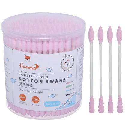 HOMEFOX Pink Cotton Swabs Spiral Pointed - 200 Count Organic Cotton Buds Double Side Tightly Wrapped Precision Cotton Tips Paper Stick Soft Gentle Lint-Free Cruelty-Free, Spiral & Pointy (Pink)