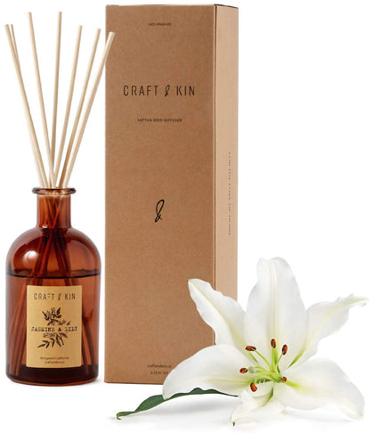 8 Rattan Scented Reed Diffuser Sticks Jasmine & Lily Scent Set, Holiday Reed Diffuser, All-Natural Essential Oil & Elegant Amber Glass Vase (5.75oz), Provides Constant Fragrance