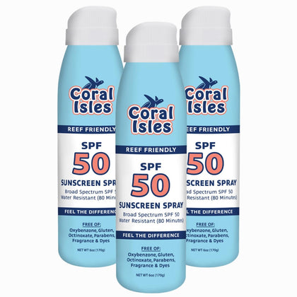 Coral Isles Reef Safe Sunscreen Spray SPF 50 - Broad Spectrum UVA/UVB Protection - Octinoxate & Oxybenzone Free - Hawaii Compliant - Non-Greasy, Fragrance Free - Water Resistant - 6 Fl Oz 3 pack