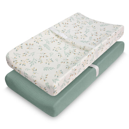 Muslin Changing Pad Cover for Baby Girls Boys, Cotton Natural Comfort Diaper Change Table Pad Covers, Ultra Soft Breathable Boho Changing Pad Sheets, 2Pack (Roman Green&Botanical Leaf)