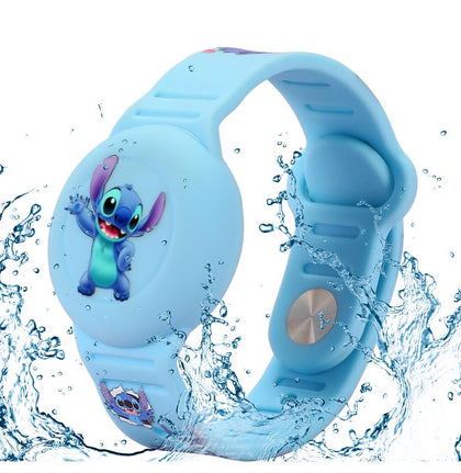 Compatible for AirTag Kids Bracelet, Cute Kid Air Tag Wristband Adjustable Hidden Watch Band Air Tag Holder for Apple Air Tag, Soft Silicone Waterproof Air Tag Case for Kids (Blue Stitch)