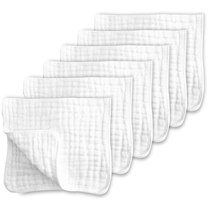 CottCare Muslin Burp Cloths for Baby 100% Cotton Large 20''X10'' 6 Layers Thicken Super Soft and Absorbent (6 Pack,White)