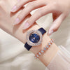 Weicam Women Girls Elegant Leather Band Round Dial with Crystal Bangle Bracelet Analog Quartz Wrist Watch (Blue)