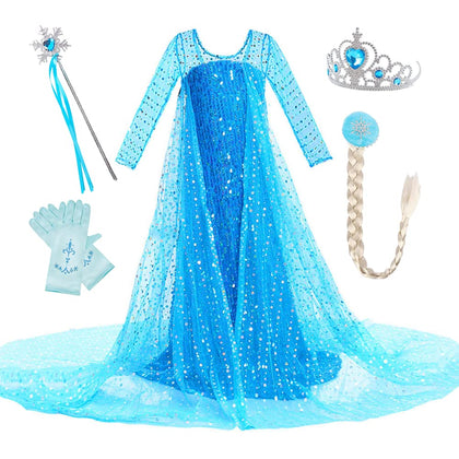 TPMG Elsa Costume Dress for Girls with Kids Princess Crown Wand Gloves for Halloween Birthday Dress Up, 4T, Blue