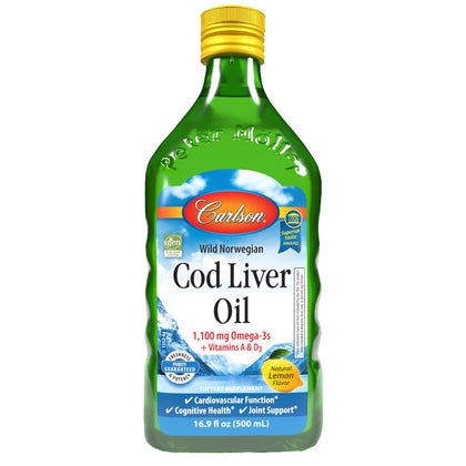 Carlson - Cod Liver Oil, 1100 mg Omega-3s, Liquid Fish Oil Supplement, Wild-Caught Norwegian Arctic , Sustainably Sourced Nordic Fish Oil Liquid, Lemon, 500 ml