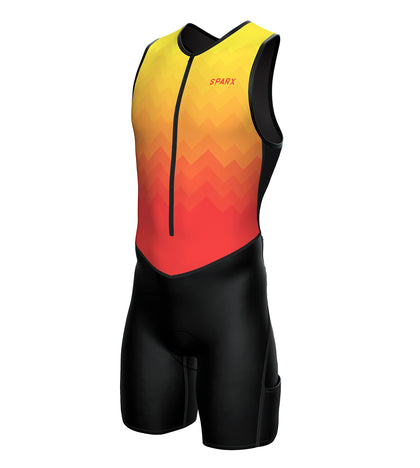 SPARX Mens Premium Triathlon Suit Padded Triathlon Tri Suit Race Suit Swim Bike Run (Orange Blend, M)
