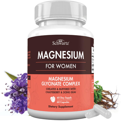 4 in 1 Magnesium Supplement for Women - Magnesium Glycinate with Chasteberry Dong Quai and Vitamin B6 for Stress Relief, Healthy Sleep, Nerves, Bones, Muscles (Manufactured in The USA) 90 Capsules