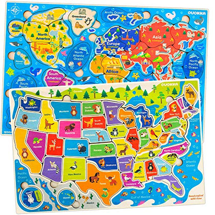 Wooden Puzzles for Toddlers 3-5 by QUOKKA - 3 Educational Wood Puzzles for Kids Ages 4-6 - Learning United States Game for 6-8-10 yo - Gift World, Space and USA Maps for Boys and Girls