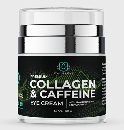 ATN Cosmetics Collagen & Caffeine Eye Cream for all skins type, Eye Cream for Dark Circles, Wrinkles & Puffiness, Infused with Hyaluronic Acid & Niacinamide, 1.7 OZ / 50 G