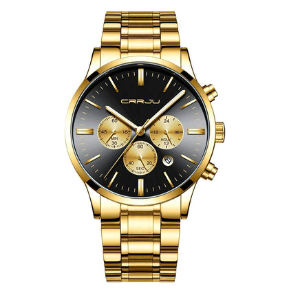 CRRJU Men's Fashin Luxury Golden Chronograph Quartz Wristwatches,Stainsteel Steel Band Multifunctional Waterproof Watch (Golden Black)