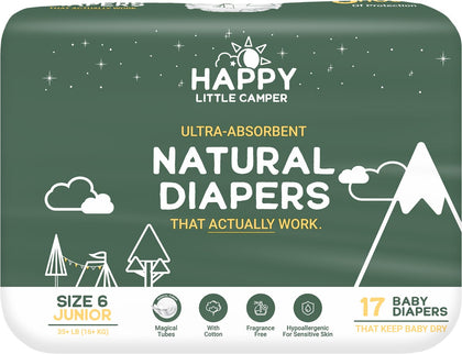 Happy Little Camper Natural Disposable Baby Diapers, Gentle on Skin, Ultra-Absorbent, Hypoallergenic, Chlorine Free, Fragrance Free, Safe for Sensitive Skin, Junior, Diapers Size 6, 17 Count