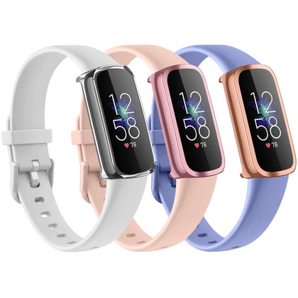 3 Pack Bands for Fitbit Luxe Bands with Screen Protector Case, Soft Silicone Sport Replacement Wristbands Strap for Fitbit Luxe Women (Small, White+Pink+Violet)