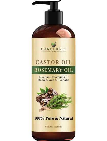 Handcraft Blends Castor Oil with Rosemary Oil for Hair Growth, Eyelashes, Eyebrows - 100% Pure and Natural Carrier Oil Hair, Body Oil - Moisturizing Massage Oil for Aromatherapy - 8 fl. Oz