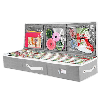 Primode Wrapping Paper Storage Container | Gift Wrap Organizer Under Bed 41x14x6 Box Holder for 18-24 Rolls Up to 40 | 600D Oxford Material | Pockets for Ribbon Bows (Grey)