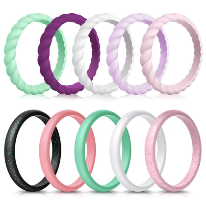 Forthee 10 Pack Silicone Wedding Ring for Women, Thin and Braided Rubber Band, Fashion, Colorful, Comfortable fit, Skin Safe,Size 6